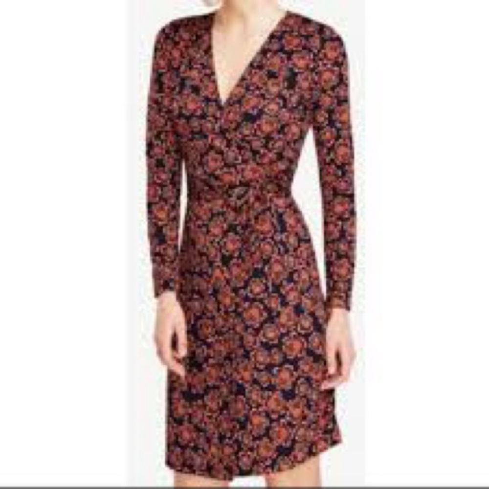 Ann Taylor Floral Wrap Dress Navy Pink Long Sleeve Tie Waist Size M